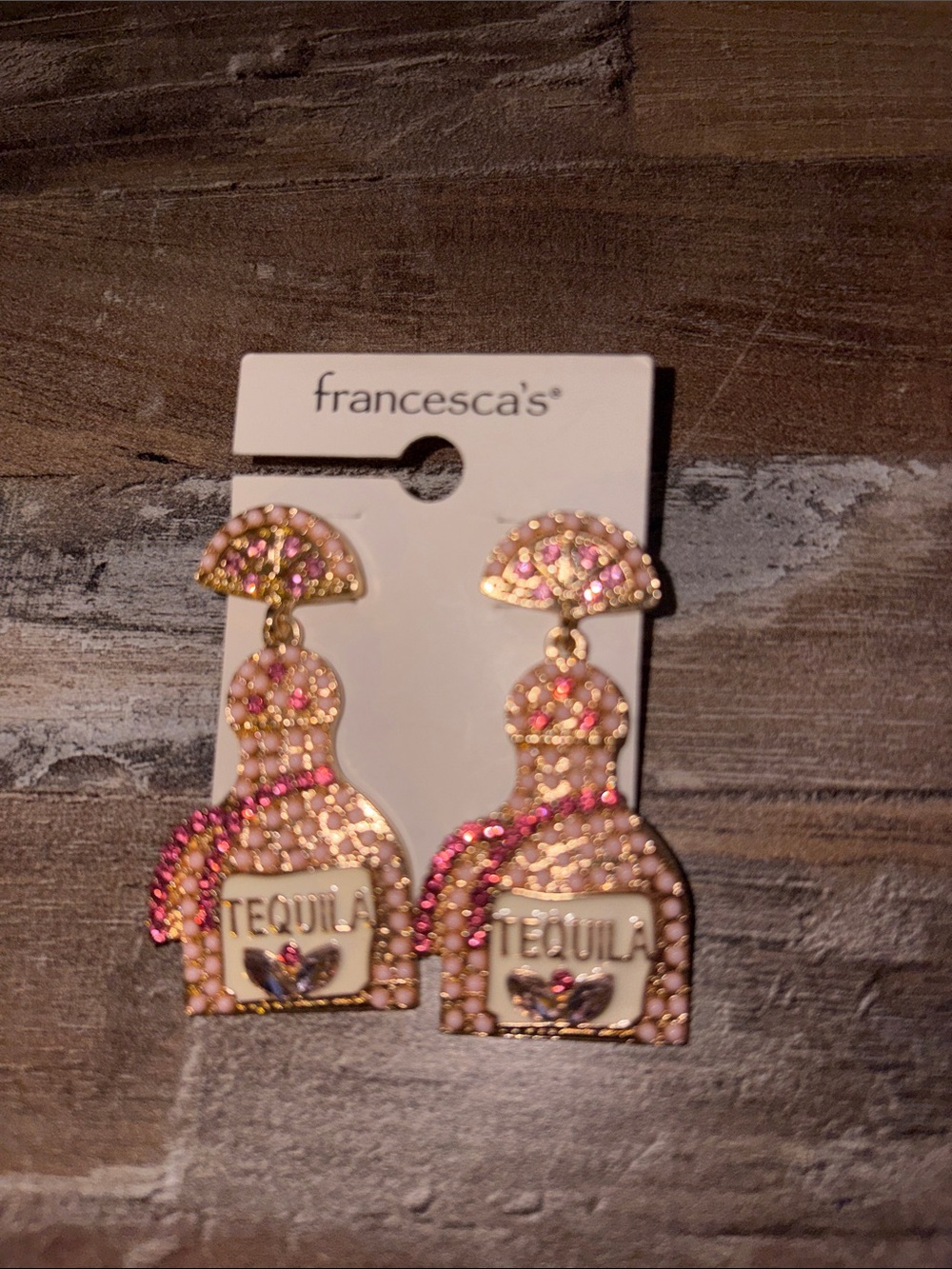 Francesca's Collections Pink and Gold Tequila Bottle Drop Earrings